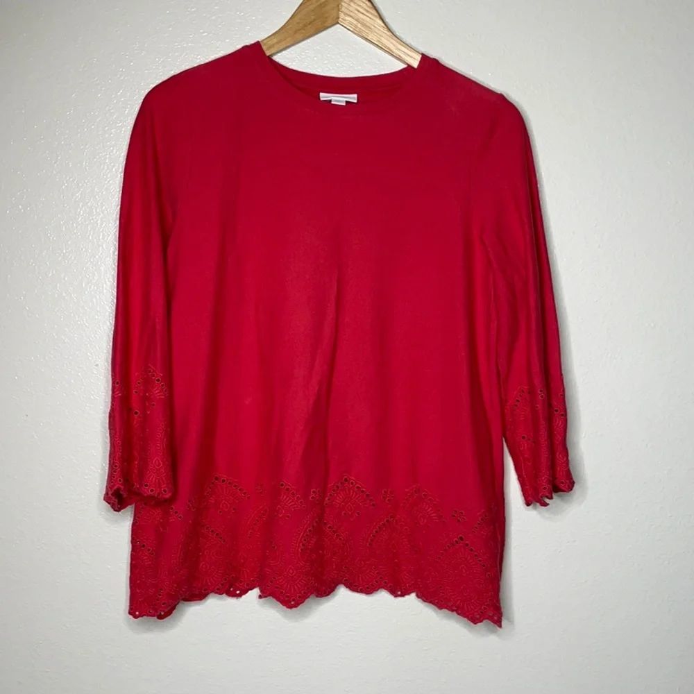 J. Jill Eyelet Trim Cotton Knit 3/4 Sleeve Coral Red sz Small